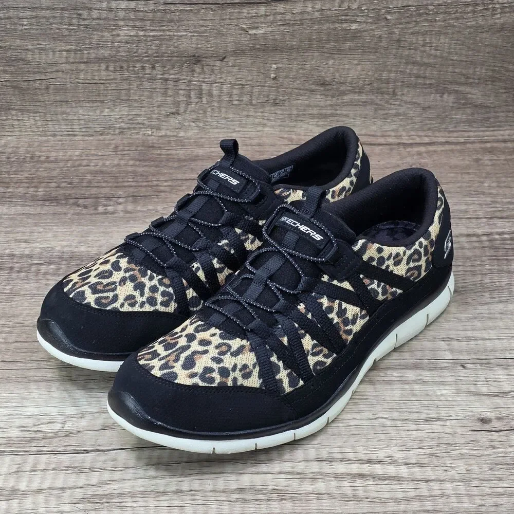 Skechers Gratis Wild Vibes Women's Sz 10 Black Brown Leopard Print Slip On Shoes